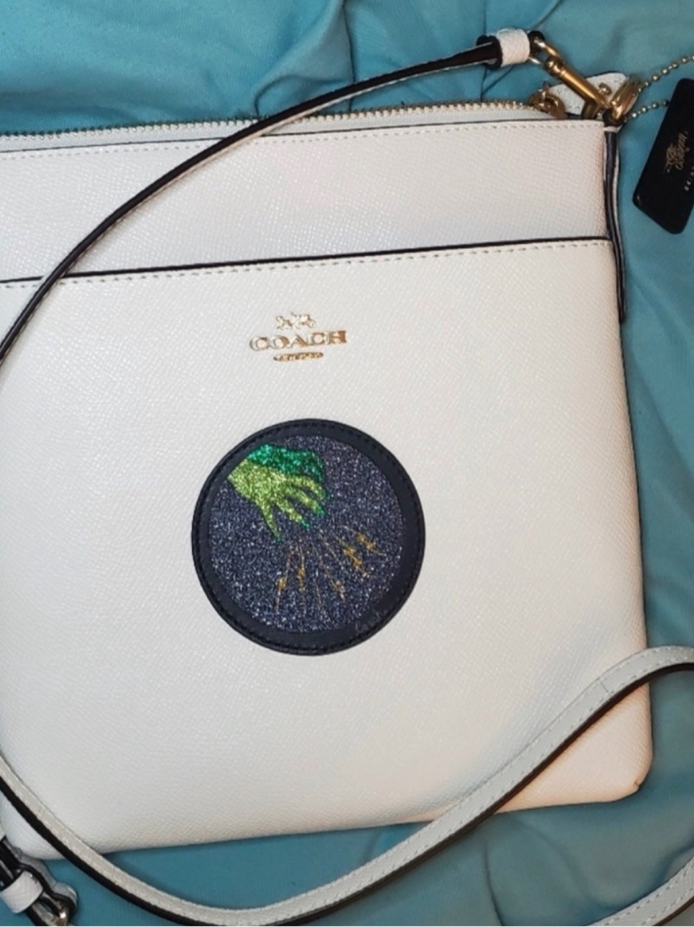 Coach White Leather Crossbody Bag with Green Accent Patch